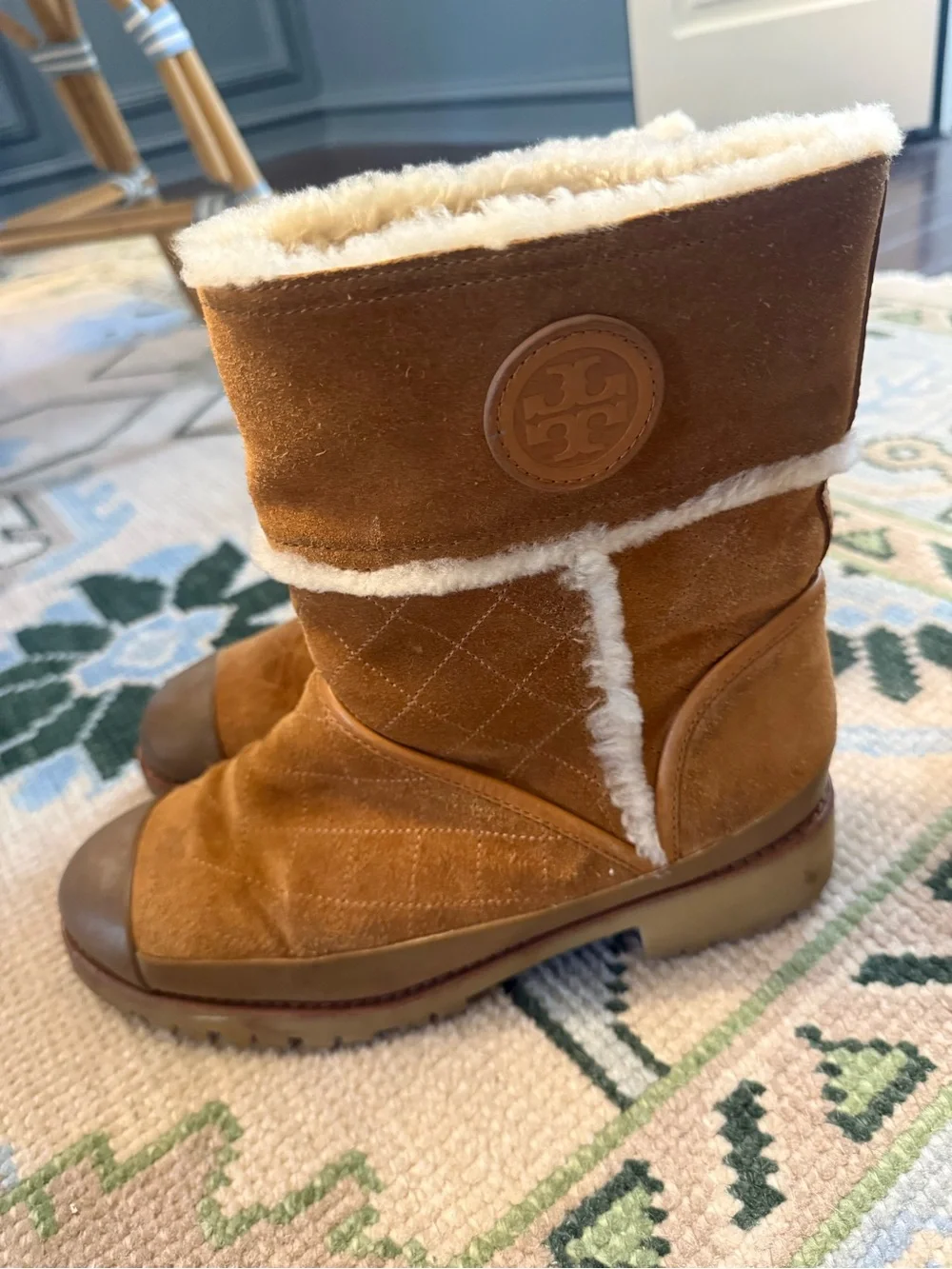Tory Burch Chestnut Suede Shearling-Lined Winter Boots